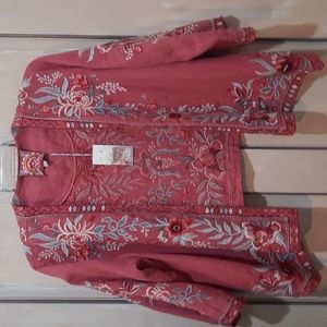 Jonny Was rose red pink green white jacket top shirt embroidered L
